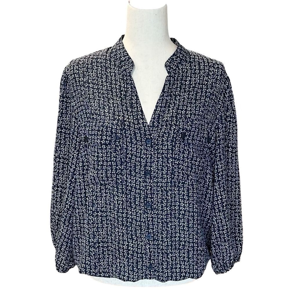 Zac & Rachel 3/4 Sleeve Split Neck Blouse Navy Blue & White Size XL